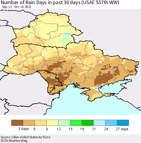 Ukraine, Moldova and Belarus Number of Rain Days in past 30 days (USAF 557th WW) 10/10/2021 Thematic Map For 10/6/2021 - 10/10/2021