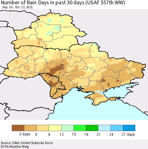 Ukraine, Moldova and Belarus Number of Rain Days in past 30 days (USAF 557th WW) 10/15/2021 Thematic Map For 10/11/2021 - 10/15/2021