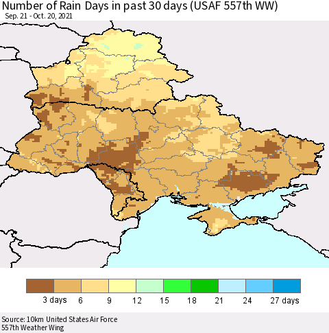 Ukraine, Moldova and Belarus Number of Rain Days in past 30 days (USAF 557th WW) 10/20/2021 Thematic Map For 10/16/2021 - 10/20/2021
