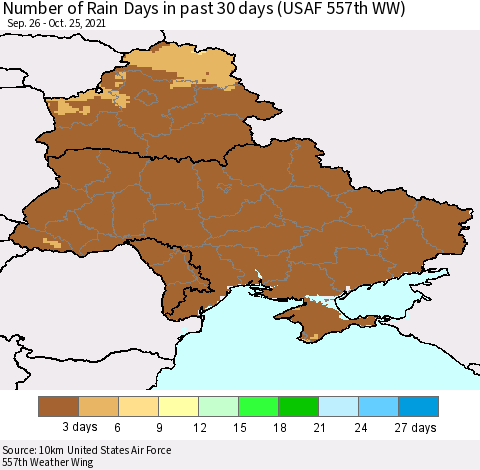 Ukraine, Moldova and Belarus Number of Rain Days in past 30 days (USAF 557th WW) 10/25/2021 Thematic Map For 10/21/2021 - 10/25/2021
