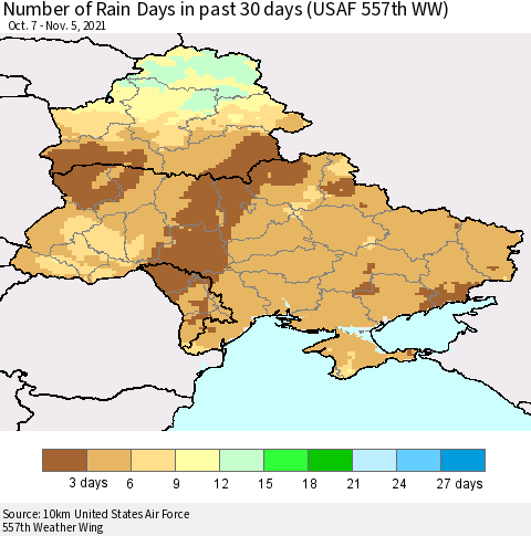 Ukraine, Moldova and Belarus Number of Rain Days in past 30 days (USAF 557th WW) 11/05/2021 Thematic Map For 11/1/2021 - 11/5/2021