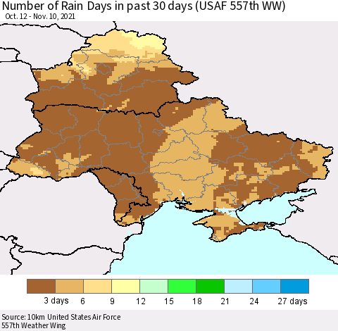Ukraine, Moldova and Belarus Number of Rain Days in past 30 days (USAF 557th WW) 11/10/2021 Thematic Map For 11/6/2021 - 11/10/2021