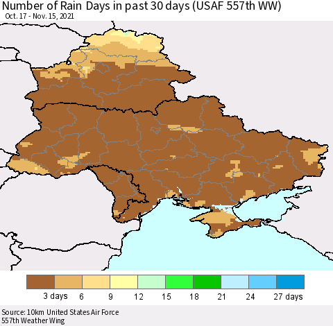 Ukraine, Moldova and Belarus Number of Rain Days in past 30 days (USAF 557th WW) 11/15/2021 Thematic Map For 11/11/2021 - 11/15/2021