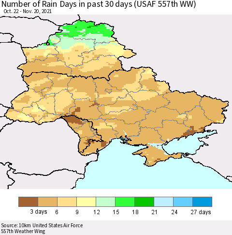 Ukraine, Moldova and Belarus Number of Rain Days in past 30 days (USAF 557th WW) 11/20/2021 Thematic Map For 11/16/2021 - 11/20/2021
