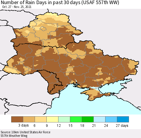 Ukraine, Moldova and Belarus Number of Rain Days in past 30 days (USAF 557th WW) 11/25/2021 Thematic Map For 11/21/2021 - 11/25/2021