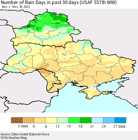 Ukraine, Moldova and Belarus Number of Rain Days in past 30 days (USAF 557th WW) 11/30/2021 Thematic Map For 11/26/2021 - 11/30/2021