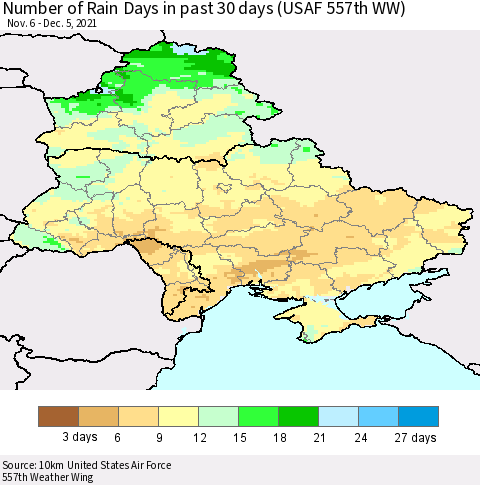 Ukraine, Moldova and Belarus Number of Rain Days in past 30 days (USAF 557th WW) 12/05/2021 Thematic Map For 12/1/2021 - 12/5/2021