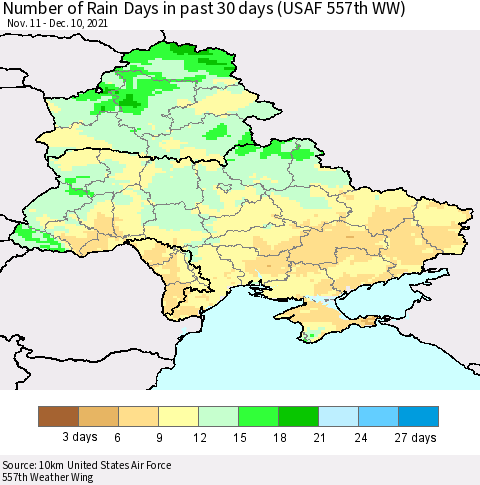 Ukraine, Moldova and Belarus Number of Rain Days in past 30 days (USAF 557th WW) 12/10/2021 Thematic Map For 12/6/2021 - 12/10/2021