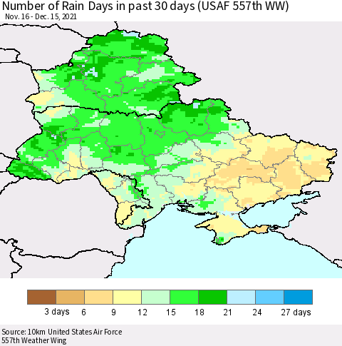 Ukraine, Moldova and Belarus Number of Rain Days in past 30 days (USAF 557th WW) 12/15/2021 Thematic Map For 12/11/2021 - 12/15/2021