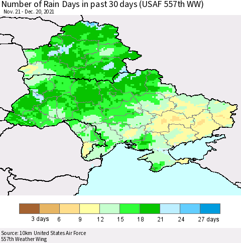 Ukraine, Moldova and Belarus Number of Rain Days in past 30 days (USAF 557th WW) 12/20/2021 Thematic Map For 12/16/2021 - 12/20/2021