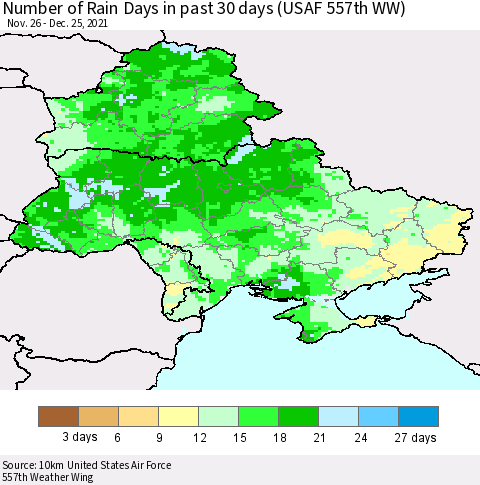 Ukraine, Moldova and Belarus Number of Rain Days in past 30 days (USAF 557th WW) 12/25/2021 Thematic Map For 12/21/2021 - 12/25/2021