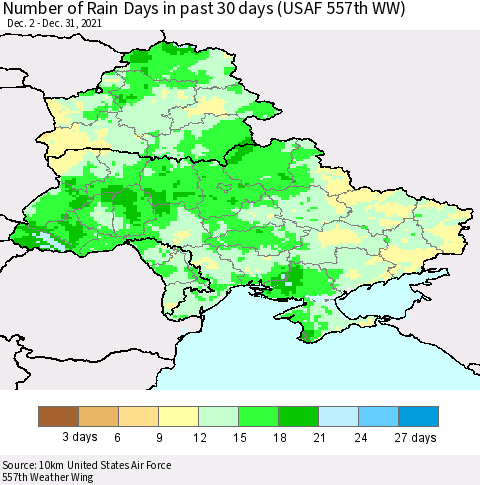 Ukraine, Moldova and Belarus Number of Rain Days in past 30 days (USAF 557th WW) 12/31/2021 Thematic Map For 12/26/2021 - 12/31/2021