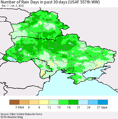 Ukraine, Moldova and Belarus Number of Rain Days in past 30 days (USAF 557th WW) 01/05/2022 Thematic Map For 1/1/2022 - 1/5/2022
