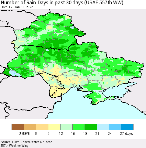 Ukraine, Moldova and Belarus Number of Rain Days in past 30 days (USAF 557th WW) 01/10/2022 Thematic Map For 1/6/2022 - 1/10/2022