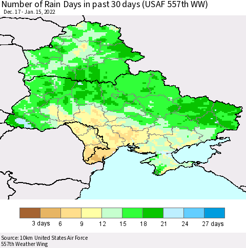 Ukraine, Moldova and Belarus Number of Rain Days in past 30 days (USAF 557th WW) 01/15/2022 Thematic Map For 1/11/2022 - 1/15/2022