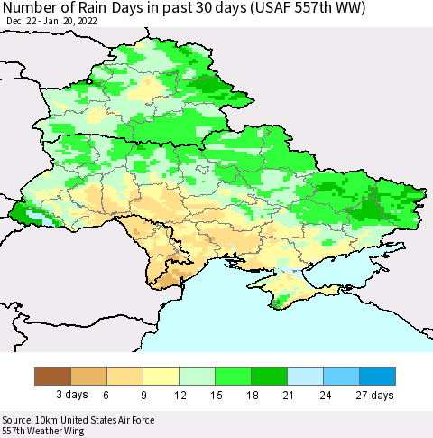 Ukraine, Moldova and Belarus Number of Rain Days in past 30 days (USAF 557th WW) 01/20/2022 Thematic Map For 1/16/2022 - 1/20/2022