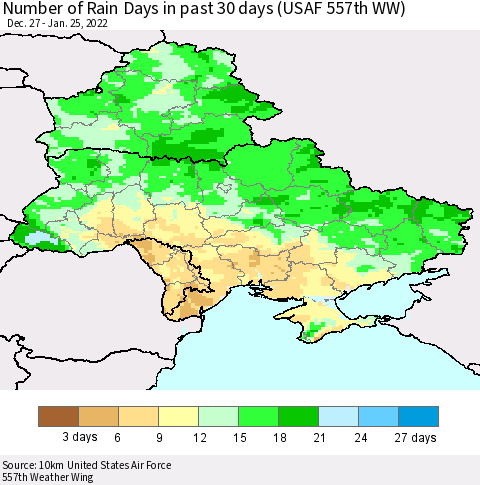 Ukraine, Moldova and Belarus Number of Rain Days in past 30 days (USAF 557th WW) 01/25/2022 Thematic Map For 1/21/2022 - 1/25/2022