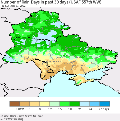Ukraine, Moldova and Belarus Number of Rain Days in past 30 days (USAF 557th WW) 01/31/2022 Thematic Map For 1/26/2022 - 1/31/2022