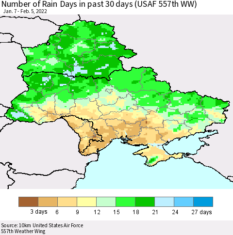 Ukraine, Moldova and Belarus Number of Rain Days in past 30 days (USAF 557th WW) 02/05/2022 Thematic Map For 2/1/2022 - 2/5/2022