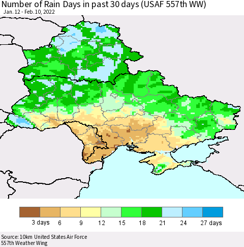 Ukraine, Moldova and Belarus Number of Rain Days in past 30 days (USAF 557th WW) 02/10/2022 Thematic Map For 2/6/2022 - 2/10/2022