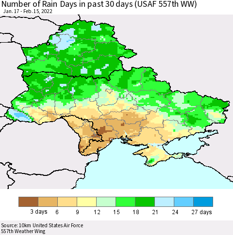Ukraine, Moldova and Belarus Number of Rain Days in past 30 days (USAF 557th WW) 02/15/2022 Thematic Map For 2/11/2022 - 2/15/2022