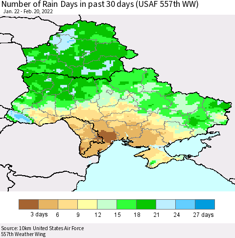 Ukraine, Moldova and Belarus Number of Rain Days in past 30 days (USAF 557th WW) 02/20/2022 Thematic Map For 2/16/2022 - 2/20/2022