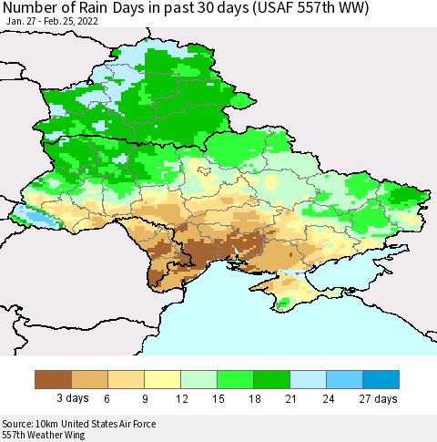 Ukraine, Moldova and Belarus Number of Rain Days in past 30 days (USAF 557th WW) 02/25/2022 Thematic Map For 2/21/2022 - 2/25/2022
