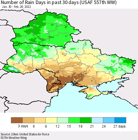 Ukraine, Moldova and Belarus Number of Rain Days in past 30 days (USAF 557th WW) 02/28/2022 Thematic Map For 2/26/2022 - 2/28/2022