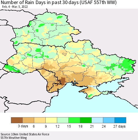 Ukraine, Moldova and Belarus Number of Rain Days in past 30 days (USAF 557th WW) 03/05/2022 Thematic Map For 3/1/2022 - 3/5/2022