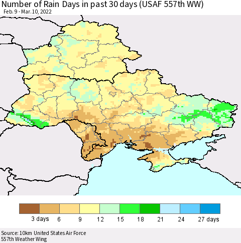 Ukraine, Moldova and Belarus Number of Rain Days in past 30 days (USAF 557th WW) 03/10/2022 Thematic Map For 3/6/2022 - 3/10/2022