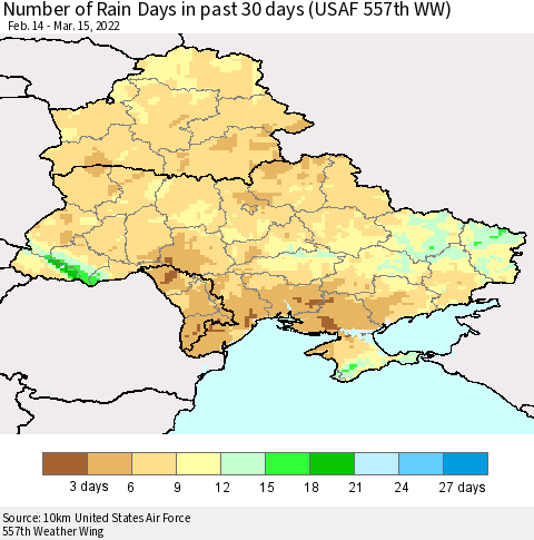 Ukraine, Moldova and Belarus Number of Rain Days in past 30 days (USAF 557th WW) 03/15/2022 Thematic Map For 3/11/2022 - 3/15/2022