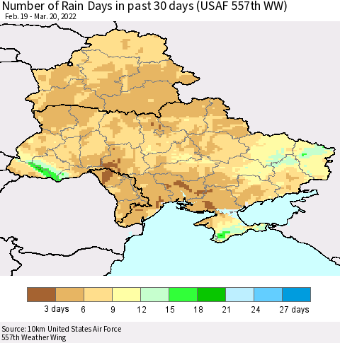 Ukraine, Moldova and Belarus Number of Rain Days in past 30 days (USAF 557th WW) 03/20/2022 Thematic Map For 3/16/2022 - 3/20/2022