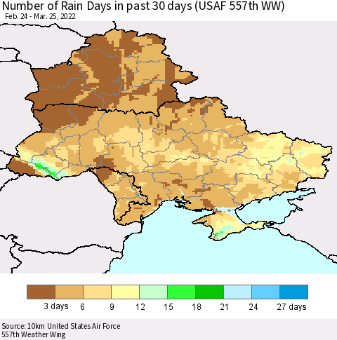 Ukraine, Moldova and Belarus Number of Rain Days in past 30 days (USAF 557th WW) 03/25/2022 Thematic Map For 3/21/2022 - 3/25/2022