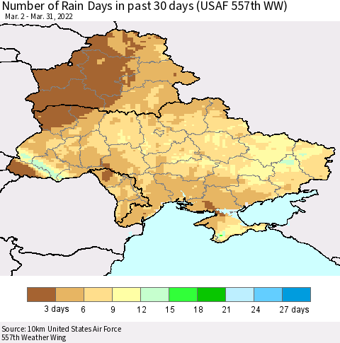 Ukraine, Moldova and Belarus Number of Rain Days in past 30 days (USAF 557th WW) 03/31/2022 Thematic Map For 3/26/2022 - 3/31/2022