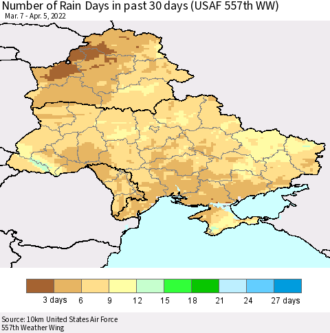 Ukraine, Moldova and Belarus Number of Rain Days in past 30 days (USAF 557th WW) 04/05/2022 Thematic Map For 4/1/2022 - 4/5/2022