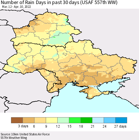 Ukraine, Moldova and Belarus Number of Rain Days in past 30 days (USAF 557th WW) 04/10/2022 Thematic Map For 4/6/2022 - 4/10/2022