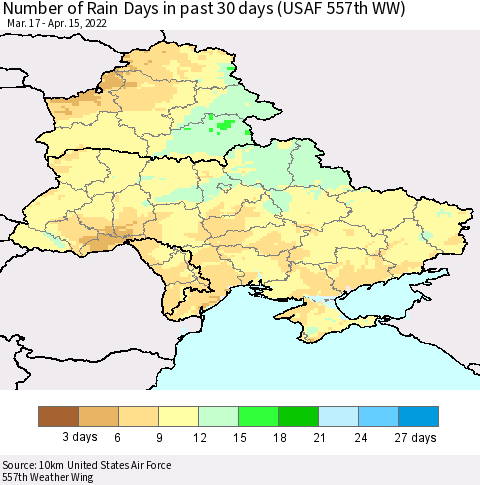 Ukraine, Moldova and Belarus Number of Rain Days in past 30 days (USAF 557th WW) 04/15/2022 Thematic Map For 4/11/2022 - 4/15/2022