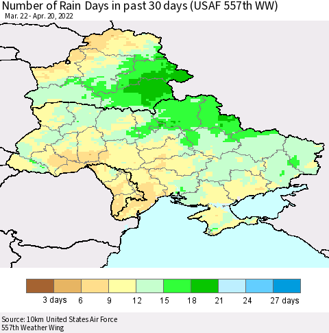 Ukraine, Moldova and Belarus Number of Rain Days in past 30 days (USAF 557th WW) 04/20/2022 Thematic Map For 4/16/2022 - 4/20/2022