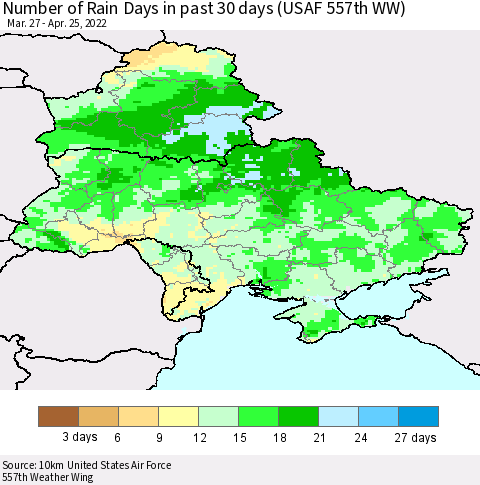 Ukraine, Moldova and Belarus Number of Rain Days in past 30 days (USAF 557th WW) 04/25/2022 Thematic Map For 4/21/2022 - 4/25/2022