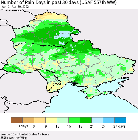 Ukraine, Moldova and Belarus Number of Rain Days in past 30 days (USAF 557th WW) 04/30/2022 Thematic Map For 4/26/2022 - 4/30/2022