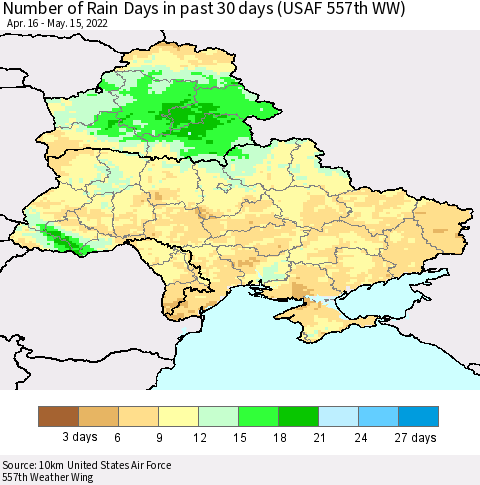 Ukraine, Moldova and Belarus Number of Rain Days in past 30 days (USAF 557th WW) 05/15/2022 Thematic Map For 5/11/2022 - 5/15/2022