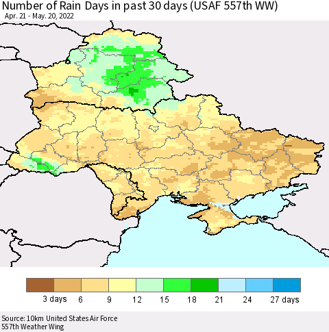 Ukraine, Moldova and Belarus Number of Rain Days in past 30 days (USAF 557th WW) 05/20/2022 Thematic Map For 5/16/2022 - 5/20/2022