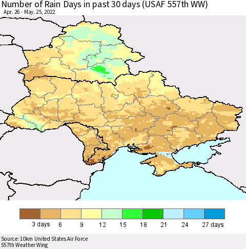 Ukraine, Moldova and Belarus Number of Rain Days in past 30 days (USAF 557th WW) 05/25/2022 Thematic Map For 5/21/2022 - 5/25/2022