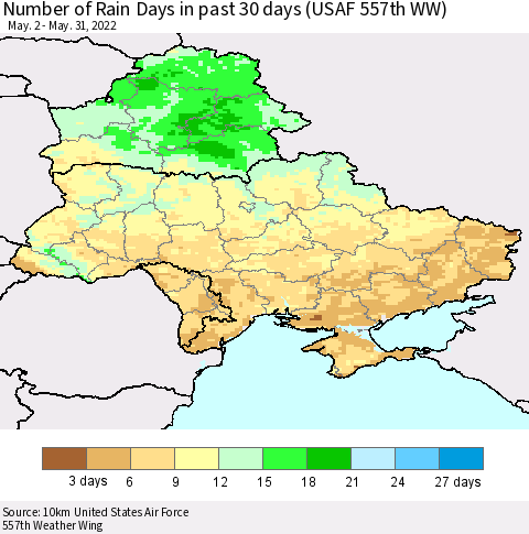 Ukraine, Moldova and Belarus Number of Rain Days in past 30 days (USAF 557th WW) 05/31/2022 Thematic Map For 5/26/2022 - 5/31/2022
