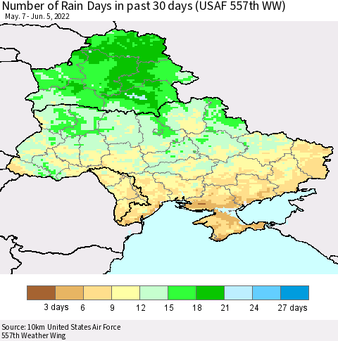 Ukraine, Moldova and Belarus Number of Rain Days in past 30 days (USAF 557th WW) 06/05/2022 Thematic Map For 6/1/2022 - 6/5/2022