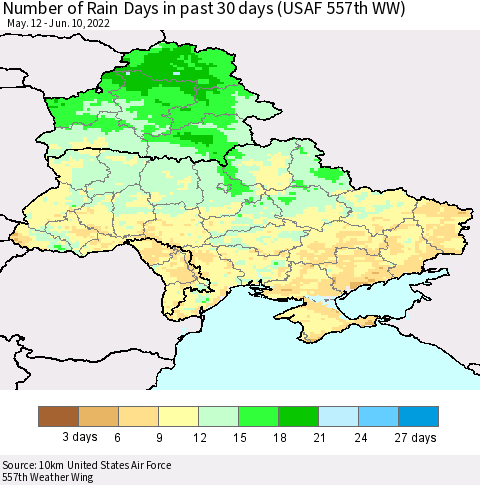 Ukraine, Moldova and Belarus Number of Rain Days in past 30 days (USAF 557th WW) 06/10/2022 Thematic Map For 6/6/2022 - 6/10/2022