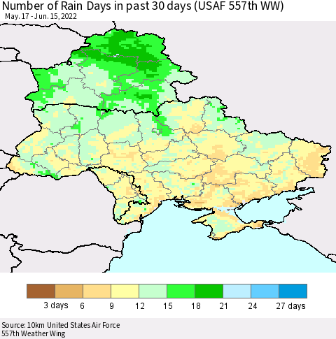 Ukraine, Moldova and Belarus Number of Rain Days in past 30 days (USAF 557th WW) 06/15/2022 Thematic Map For 6/11/2022 - 6/15/2022