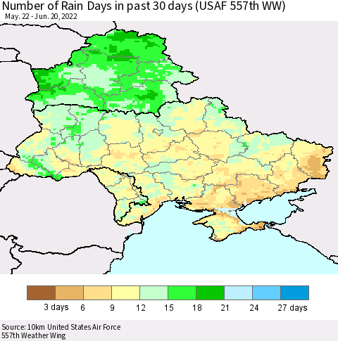Ukraine, Moldova and Belarus Number of Rain Days in past 30 days (USAF 557th WW) 06/20/2022 Thematic Map For 6/16/2022 - 6/20/2022