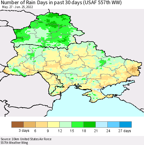 Ukraine, Moldova and Belarus Number of Rain Days in past 30 days (USAF 557th WW) 06/25/2022 Thematic Map For 6/21/2022 - 6/25/2022
