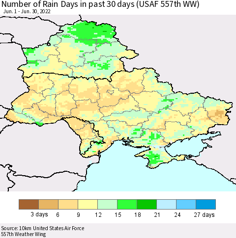 Ukraine, Moldova and Belarus Number of Rain Days in past 30 days (USAF 557th WW) 06/30/2022 Thematic Map For 6/26/2022 - 6/30/2022